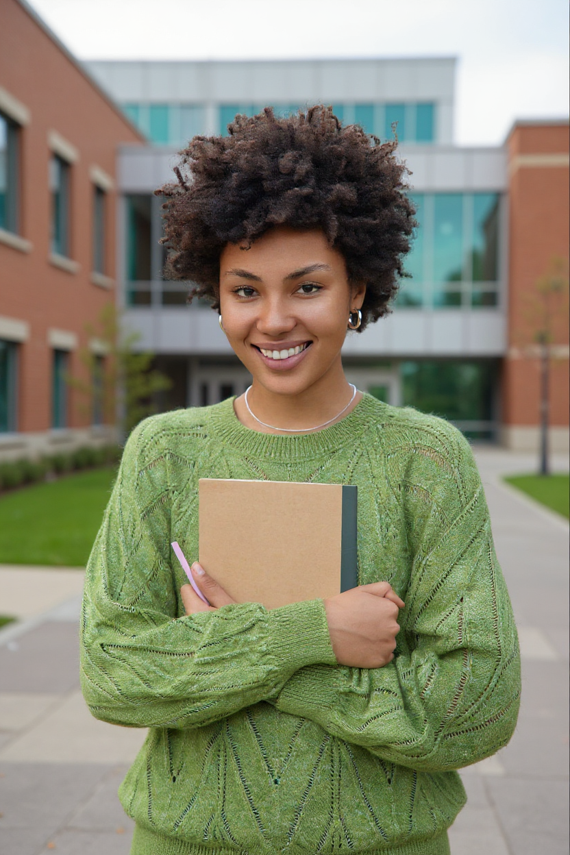 Smiling CCC student outside holding a notepad.